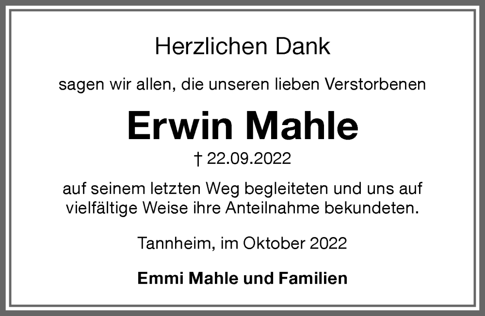  Traueranzeige für Erwin Mahle vom 22.10.2022 aus Memminger Zeitung