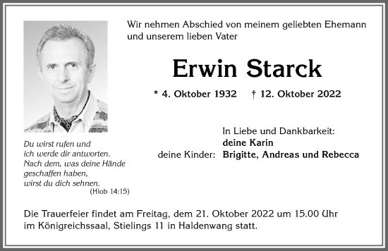 Traueranzeige von Erwin Starck von Allgäuer Zeitung,Kempten