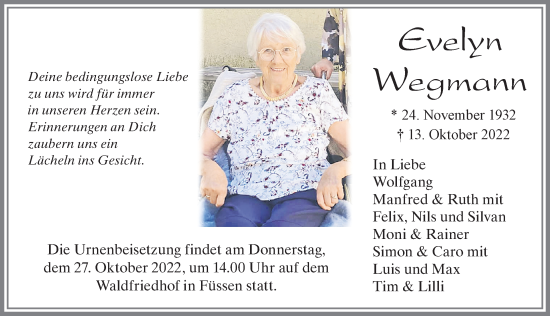 Traueranzeige von Evelyn Wegmann von Allgäuer Zeitung, Füssen