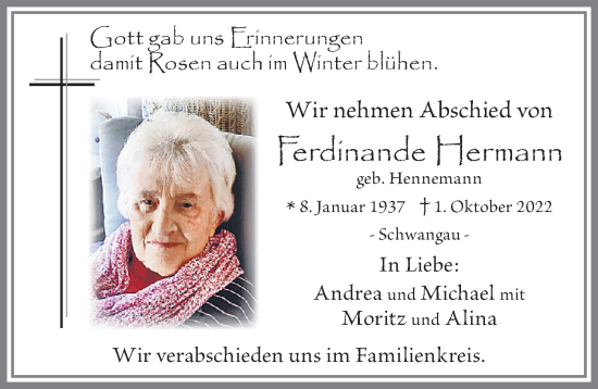Traueranzeige von Ferdinande Hermann von Allgäuer Zeitung, Füssen