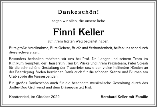 Traueranzeige von Finni Keller von Allgäuer Anzeigeblatt