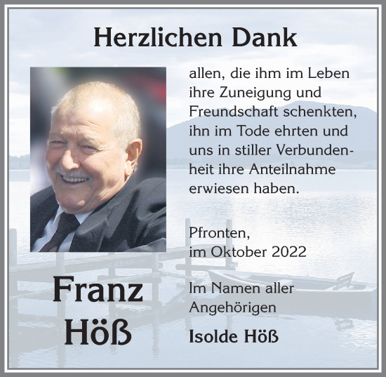Traueranzeige von Franz Höß von Allgäuer Zeitung, Füssen