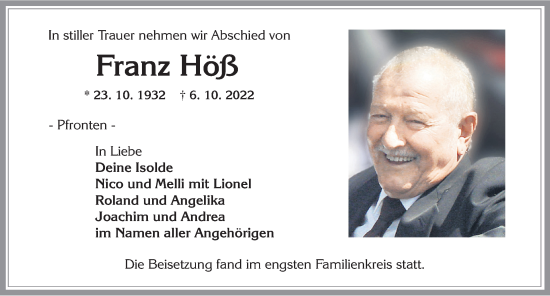 Traueranzeige von Franz Höß von Allgäuer Zeitung, Füssen