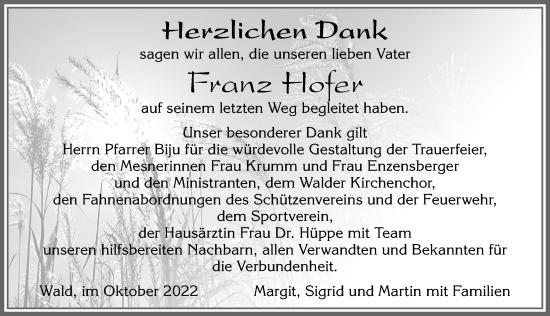 Traueranzeige von Franz Hofer von Allgäuer Zeitung, Marktoberdorf