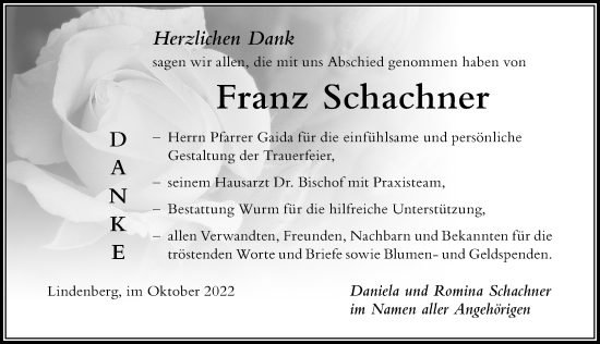 Traueranzeige von Franz Schachner von Der Westallgäuer