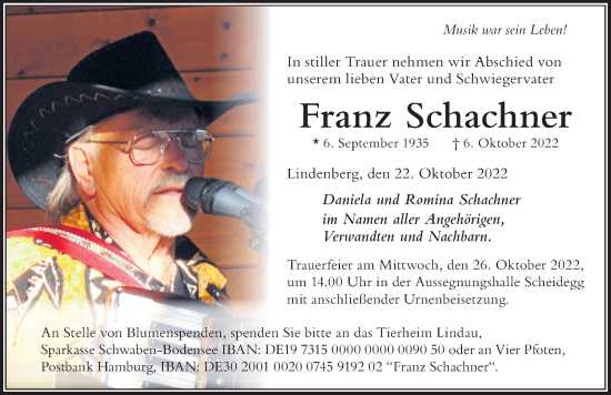 Traueranzeige von Franz Schachner von Der Westallgäuer