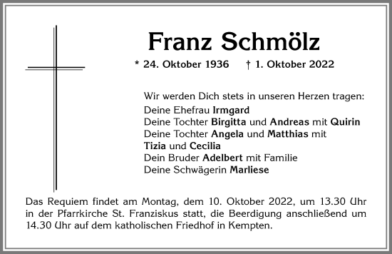 Traueranzeige von Franz Schmölz von Allgäuer Zeitung,Kempten