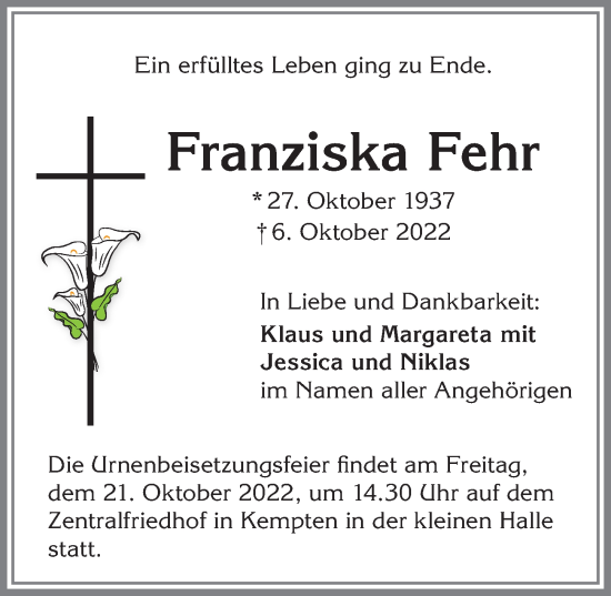 Traueranzeige von Franziska Fehr von Allgäuer Zeitung,Kempten