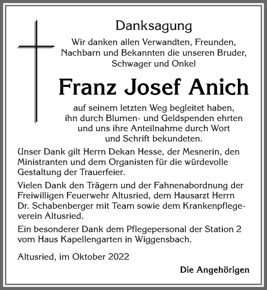Traueranzeige von Franz Josef Anich von Allgäuer Zeitung,Kempten