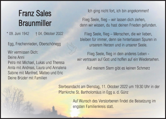 Traueranzeige von Franz Sales Braunmiller von Memminger Zeitung
