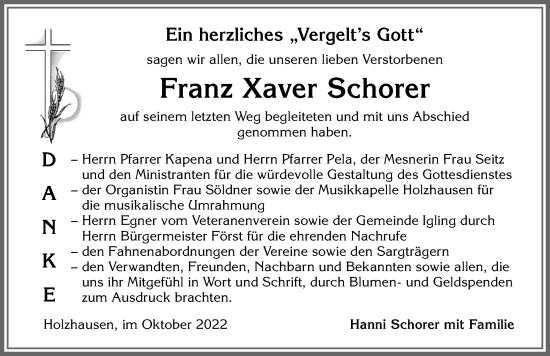 Traueranzeige von Franz Xaver Schorer von Landsberger Tagblatt, Augsburger Allgemeine