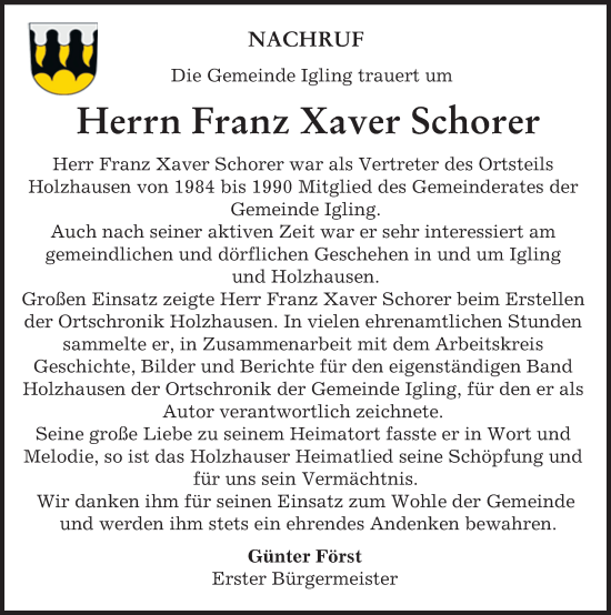 Traueranzeige von Franz Xaver Schorer von Allgäuer Zeitung, Kaufbeuren/Buchloe