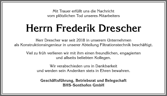 Traueranzeige von Frederik Drescher von Allgäuer Anzeigeblatt