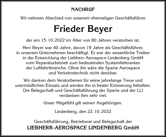 Traueranzeige von Frieder Beyer von Der Westallgäuer