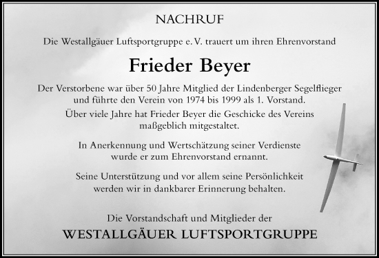Traueranzeige von Frieder Beyer von Der Westallgäuer