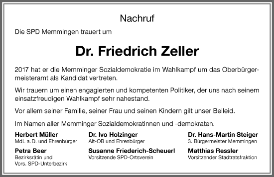 Traueranzeige von Friedrich Zeller von Memminger Zeitung