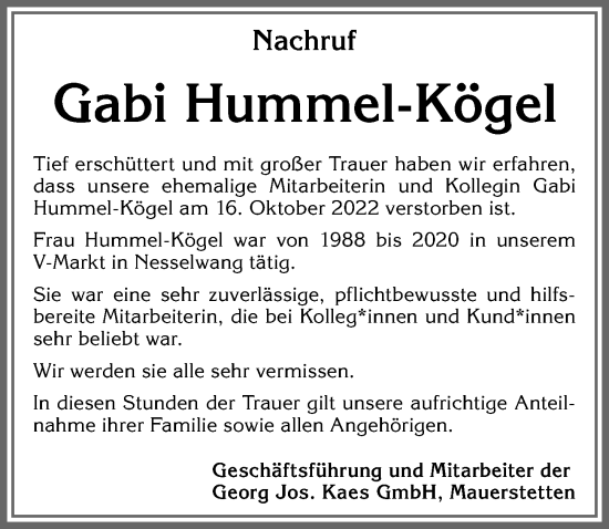 Traueranzeige von Gabi Hummel-Kögel von Allgäuer Zeitung, Marktoberdorf