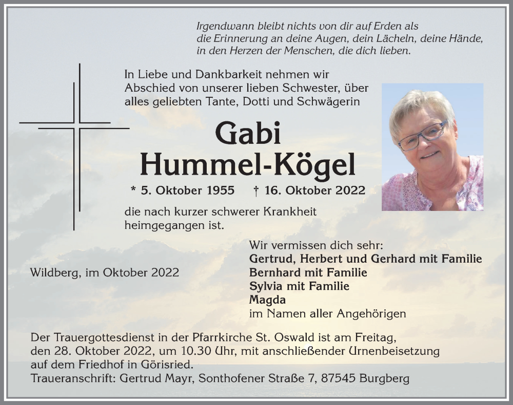  Traueranzeige für Gabi Hummel-Kögel vom 22.10.2022 aus Allgäuer Zeitung, Marktoberdorf