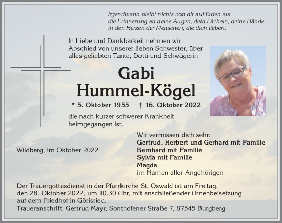 Traueranzeige von Gabi Hummel-Kögel von Allgäuer Zeitung, Marktoberdorf