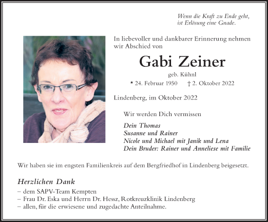 Traueranzeige von Gabi Zeiner von Der Westallgäuer
