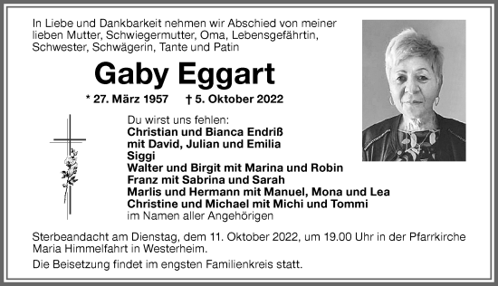 Traueranzeige von Gaby Eggart von Memminger Zeitung
