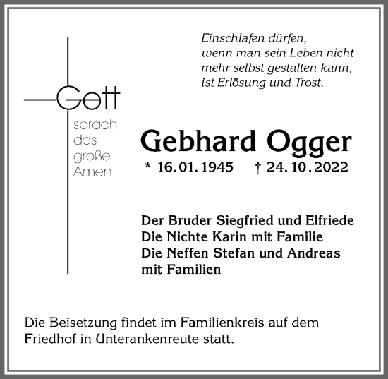 Traueranzeige von Gebhard Ogger von Allgäuer Anzeigeblatt