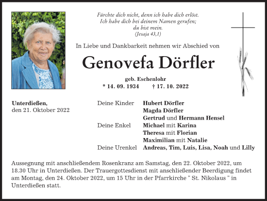 Traueranzeige von Genovefa Dörfler von Augsburger Allgemeine, Landsberger Tagblatt