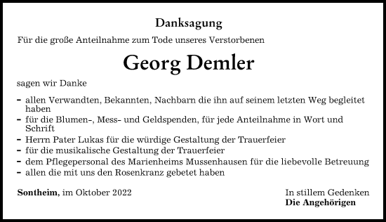 Traueranzeige von Georg Demler von Memminger Zeitung
