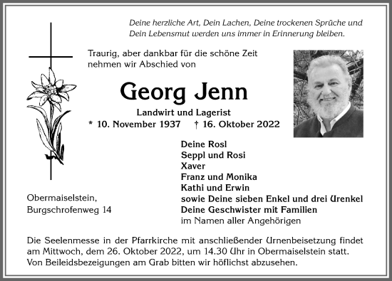 Traueranzeige von Georg Jenn von Allgäuer Anzeigeblatt