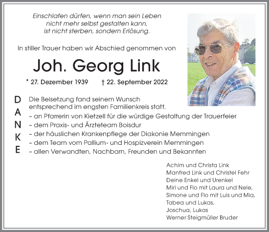 Traueranzeige von Georg Link von Memminger Zeitung