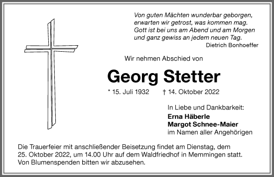 Traueranzeige von Georg Stetter von Memminger Zeitung