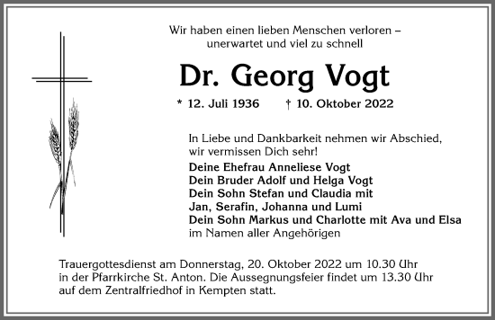 Traueranzeige von Georg Vogt von Allgäuer Zeitung,Kempten