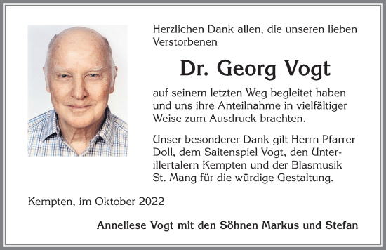 Traueranzeige von Georg Vogt von Allgäuer Zeitung,Kempten