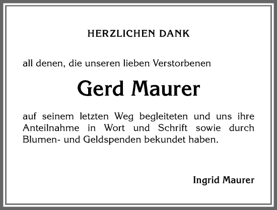 Traueranzeige von Gerd Maurer von Allgäuer Anzeigeblatt