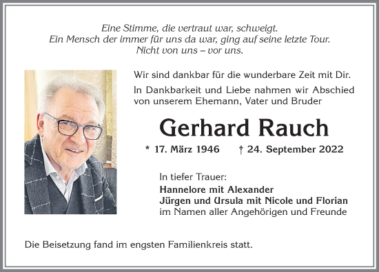 Traueranzeige von Gerhard Rauch von Allgäuer Zeitung, Gesamtausgabe