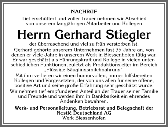 Traueranzeige von Gerhard Stiegler von Allgäuer Zeitung, Marktoberdorf