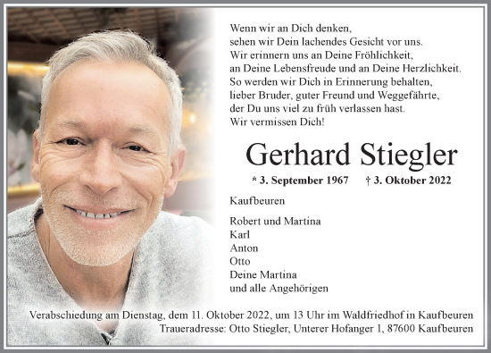 Traueranzeige von Gerhard Stiegler von Allgäuer Zeitung, Kaufbeuren/Buchloe