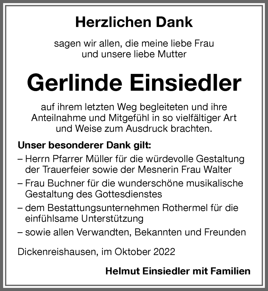  Traueranzeige für Gerlinde Einsiedler vom 22.10.2022 aus Memminger Zeitung