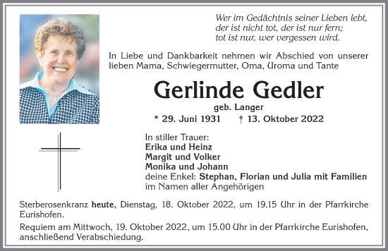 Traueranzeige von Gerlinde Gedler von Allgäuer Zeitung, Kaufbeuren/Buchloe