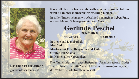 Traueranzeige von Gerlinde Peschel von Allgäuer Zeitung, Kaufbeuren/Buchloe