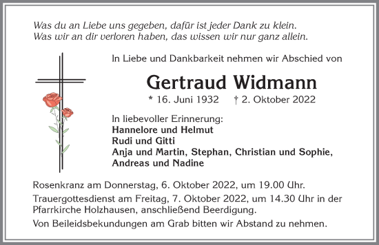 Traueranzeige von Gertraud Widmann von Landsberger Tagblatt, Augsburger Allgemeine