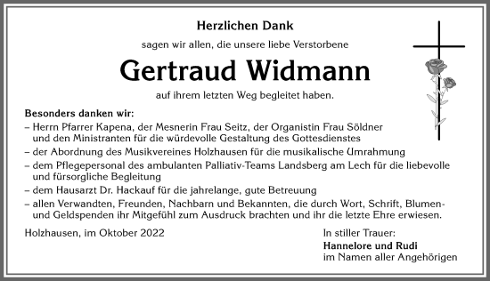 Traueranzeige von Gertraud Widmann von Landsberger Tagblatt, Augsburger Allgemeine