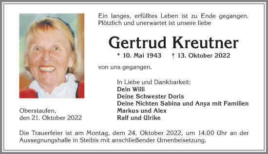 Traueranzeige von Gertrud Kreutner von Allgäuer Anzeigeblatt
