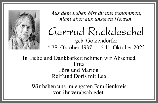Traueranzeige von Gertrud Ruckdeschel von Allgäuer Zeitung, Füssen