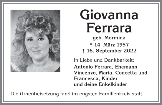 Traueranzeige von Giovanna Ferrara von Allgäuer Zeitung, Kaufbeuren/Buchloe