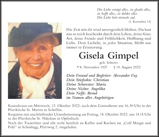 Traueranzeige von Gisela Gimpel von Der Westallgäuer