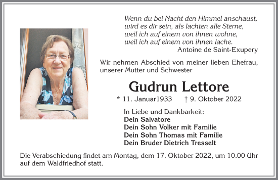 Traueranzeige von Gudrun Lettore von Allgäuer Zeitung, Kaufbeuren/Buchloe