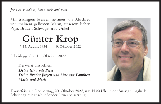 Traueranzeige von Günter Krop von Der Westallgäuer