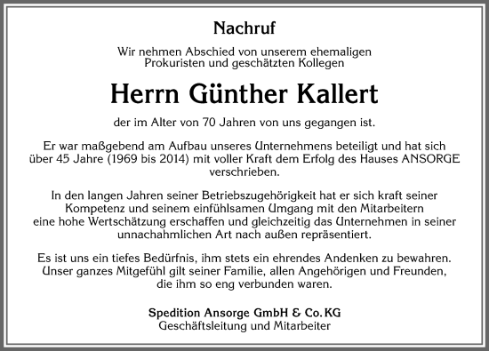 Traueranzeige von Günther Kallert von Allgäuer Zeitung, Marktoberdorf