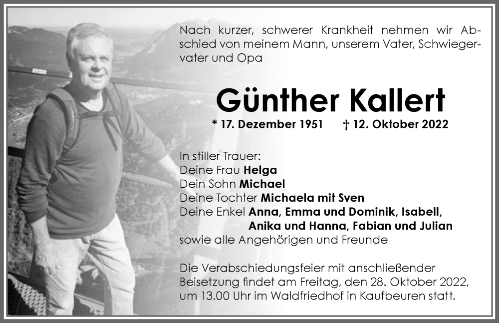  Traueranzeige für Günther Kallert vom 26.10.2022 aus Allgäuer Zeitung, Kaufbeuren/Buchloe